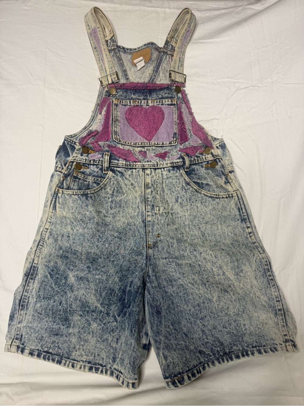 Vintage 90s Action West Acid Wash Denim Heart Shortalls Overalls Large